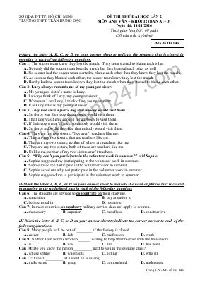 Đề thi thử đại học môn tiếng anh trường thpt trần hưng đạo lần 2 mã 143