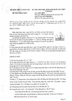 3 Đề thi học sinh giỏi quốc gia môn Hóa lớp 12 năm 2014 chi tiết