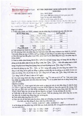 3 Đề thi học sinh giỏi quốc gia môn Hóa lớp 12 năm 2016 chi tiết