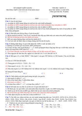 4 Đề kiểm tra học kì 1 môn Sinh lớp 12 chuyên năm 2018 THPT chuyên Huỳnh Mẫn Đạt có đáp án chi tiết