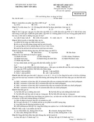 Đề thi giữa học kì 1 môn Sinh lớp 12 THPT Yên Hòa chọn lọc