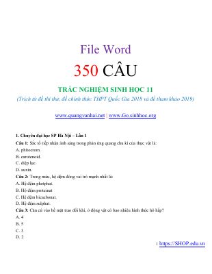 350 Câu hỏi trắc nghiệm Sinh học (trích từ đề thi thử THPT QG 2018, 2019)