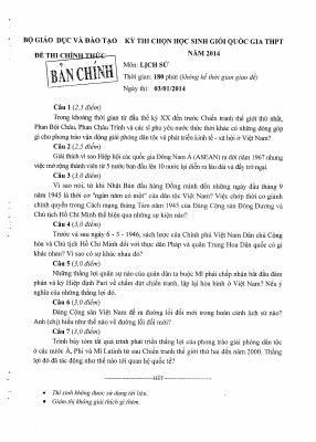 Đề thi học sinh giỏi quốc gia môn Sử lớp 12 năm 2014 chi tiết
