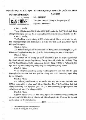 Đề thi học sinh giỏi quốc gia môn Sử lớp 12 năm 2015 chi tiết