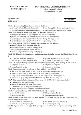 Đề thi học kì 1 môn Sử lớp 12 THPT Yên Hòa - Mã đề 215