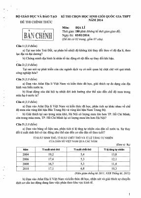 Đề thi học sinh giỏi quốc gia môn Địa lớp 12 năm 2014 chi tiết