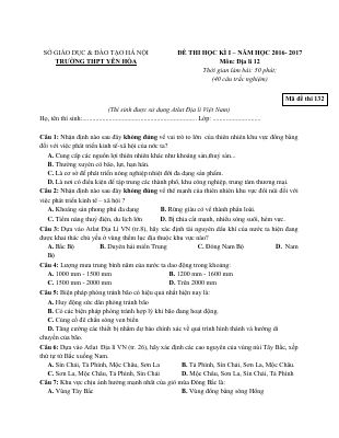 Đề thi học kì 1 môn Địa lớp 12 THPT Yên Hòa - Mã đề 132