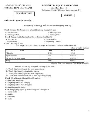 Đề thi học kì 1 môn Địa lớp 12 THPT Cần Thạnh - Mã đề 103