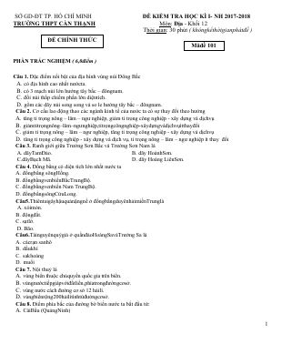 Đề thi học kì 1 môn Địa lớp 12 THPT Cần Thạnh - Mã đề 101