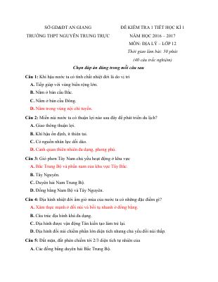 Đề kiểm tra 1 tiết môn địa lý lớp 12 năm 2016 trường thpt nguyễn trung trực
