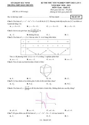 Đề thi thử THPT quốc gia 2021 môn Toán THPT Hàn Thuyên có đáp án - Mã đề 105