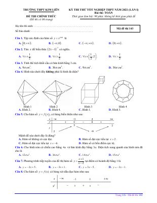 Đề thi thử THPT quốc gia 2021 môn Toán THPT Kim Liên có đáp án - Mã đề 143