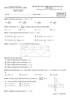 Đề thi thử THPT quốc gia 2021 môn Toán THPT Nguyễn Trung Thiên có đáp án - Mã đề 001