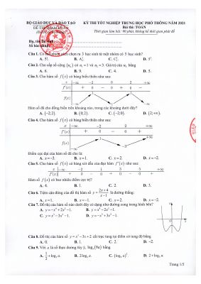 Đề thi minh họa THPT quốc gia 2021 môn Toán