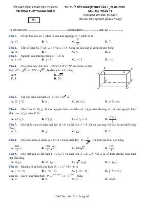 Đề thi thử THPT quốc gia môn Toán THPT Thành Nhân lần 1