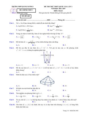 Đề thi thử Toán THPT quốc gia lần 1 2018  2019 trường Quảng Xương 1  Thanh Hóa
