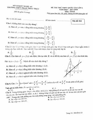Đề thi thử Toán THPT quốc gia 2018 trường Phan Thúc Trực  Nghệ An lần 2