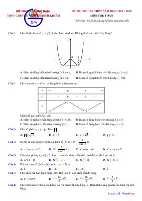 Đề thi thử TN THPT 2020 môn Toán trường chuyên Nguyễn Bỉnh Khiêm Quảng Nam