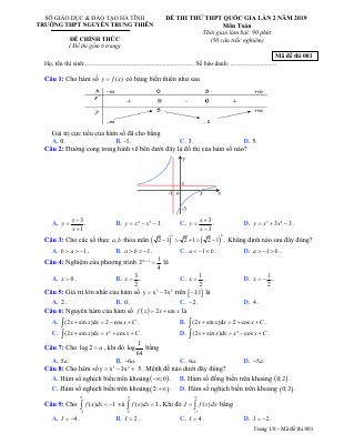 Đề thi thử Toán THPT QG 2019 lần 2 trường Nguyễn Trung Thiên  Hà Tĩnh