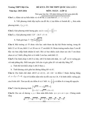 Đề thi thử THPT quốc gia môn Toán 2016 lần 1 THPT Đội Cấn  Vĩnh Phúc