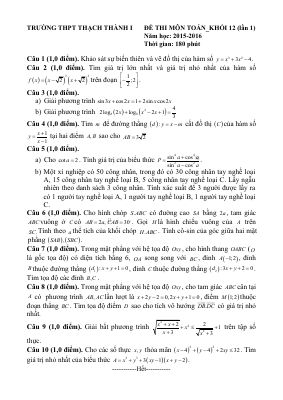Đề thi thử THPT quốc gia môn Toán 2016 lần 1 THPT Thạch Thành 1  Thanh Hóa