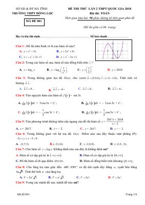 Đề thi thử THPT quốc gia 2018 môn Toán THPT Đồng Lộc Hà Tĩnh lần 2
