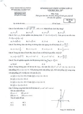 Đề thi thử THPT quốc gia 2017 môn Toán sở Hải Phòng