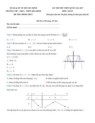 Đề thi thử THPT quốc gia 2017 môn Toán trường Hòa Bình TP HCM