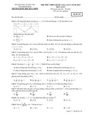 Đề thi thử THPT quốc gia 2017 môn Toán trường Quốc học Quy Nhơn Bình Định lần 2