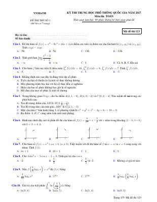 Đề thi thử THPT quốc gia 2017 môn Toán VnMath lần 1