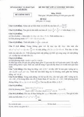 Đề thi thử THPT quốc gia 2016 môn Toán sở Cao Bằng
