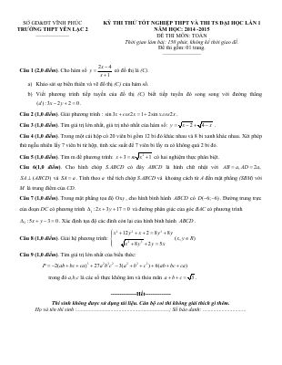 Đề thi thử THPT quốc gia 2015 môn Toán trường Yên Lạc Vĩnh Phúc lần 1