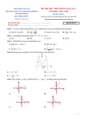 Đề thi thử THPT QG 2020 môn Toán lần 1 trường Nguyễn Bỉnh Khiêm Gia Lai