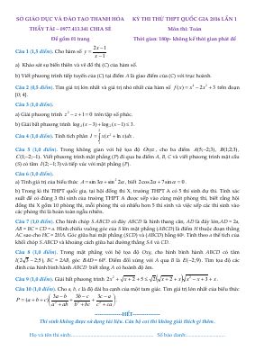 Đề thi thử Quốc gia 2016 môn Toán Sở GD  ĐT Thanh Hóa lần 1