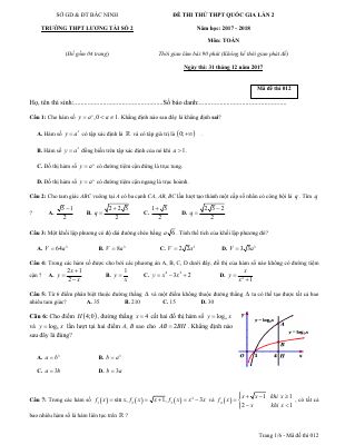 Đề thi thử 2018 môn Toán THPT quốc gia THPT Lương Tài 2 Bắc Ninh lần 2