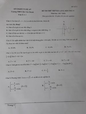 Đề thi thử 2018 môn Toán THPT quốc gia lần 1 THPT Bắc Yên Thành  Nghệ An