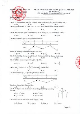 Đề thi tham khảo kỳ thi THPT quốc gia năm 2020 môn Toán