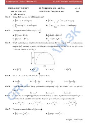 Đề ôn thi học kì 2 môn Toán lớp 12 THPT thủ đức mã 108