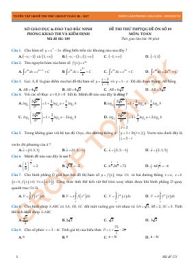 Đề thi thử THPT quốc gia môn Toán năm 2017 sở GDĐT bắc ninh mã 109