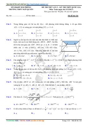 Đề thi thử THPT quốc gia môn Toán năm 2017 THPT ngô quyền lần 2 mã 126