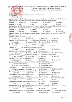 Đề tham khảo kỳ thi THPT quốc gia 2021 môn Tiếng Anh