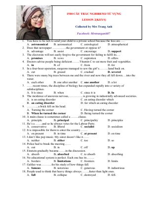 Bài tập trắc nghiệm có đáp án luyện thi THPT quốc gia lesson 2 môn tiếng anh của cô trang anh