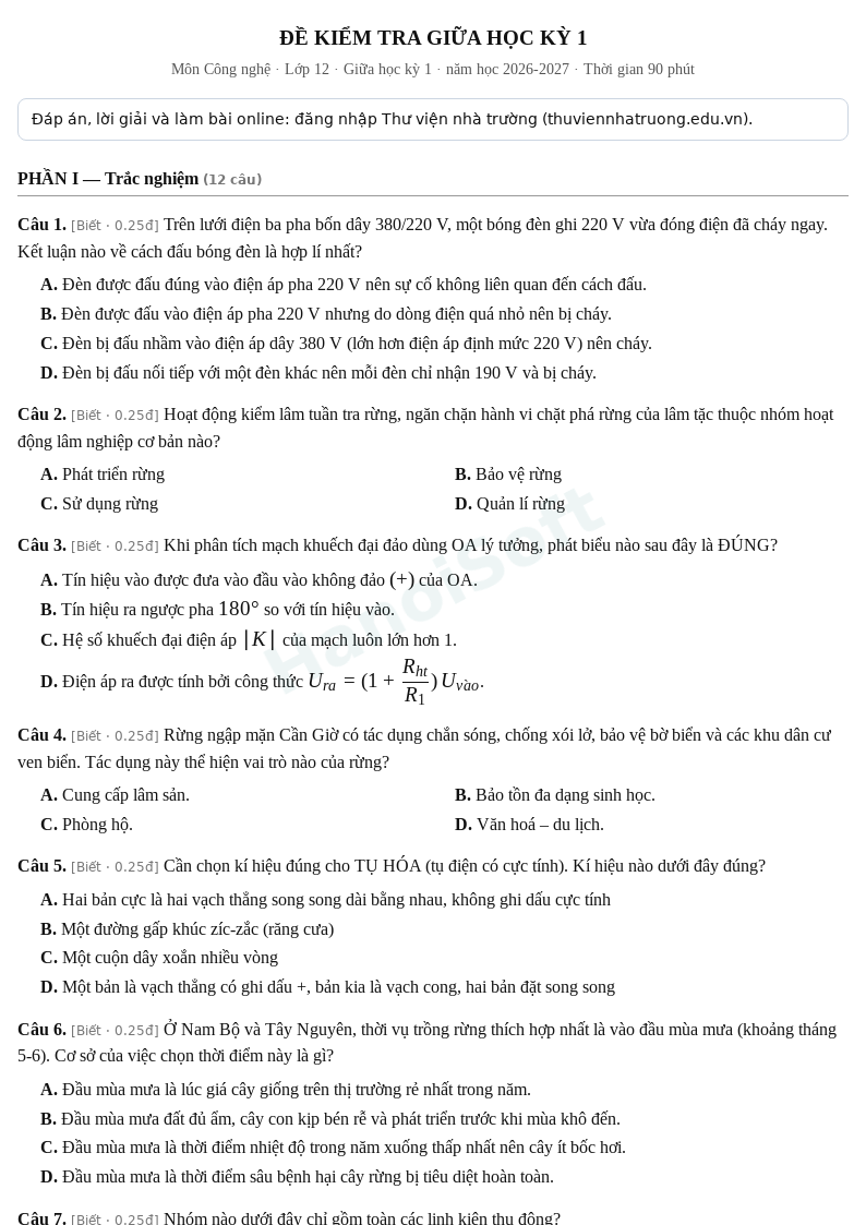Đề kiểm tra giữa học kỳ 1 Công nghệ lớp 12 – Đề số 3 (có đáp án, làm bài online) – năm học 2026-2027