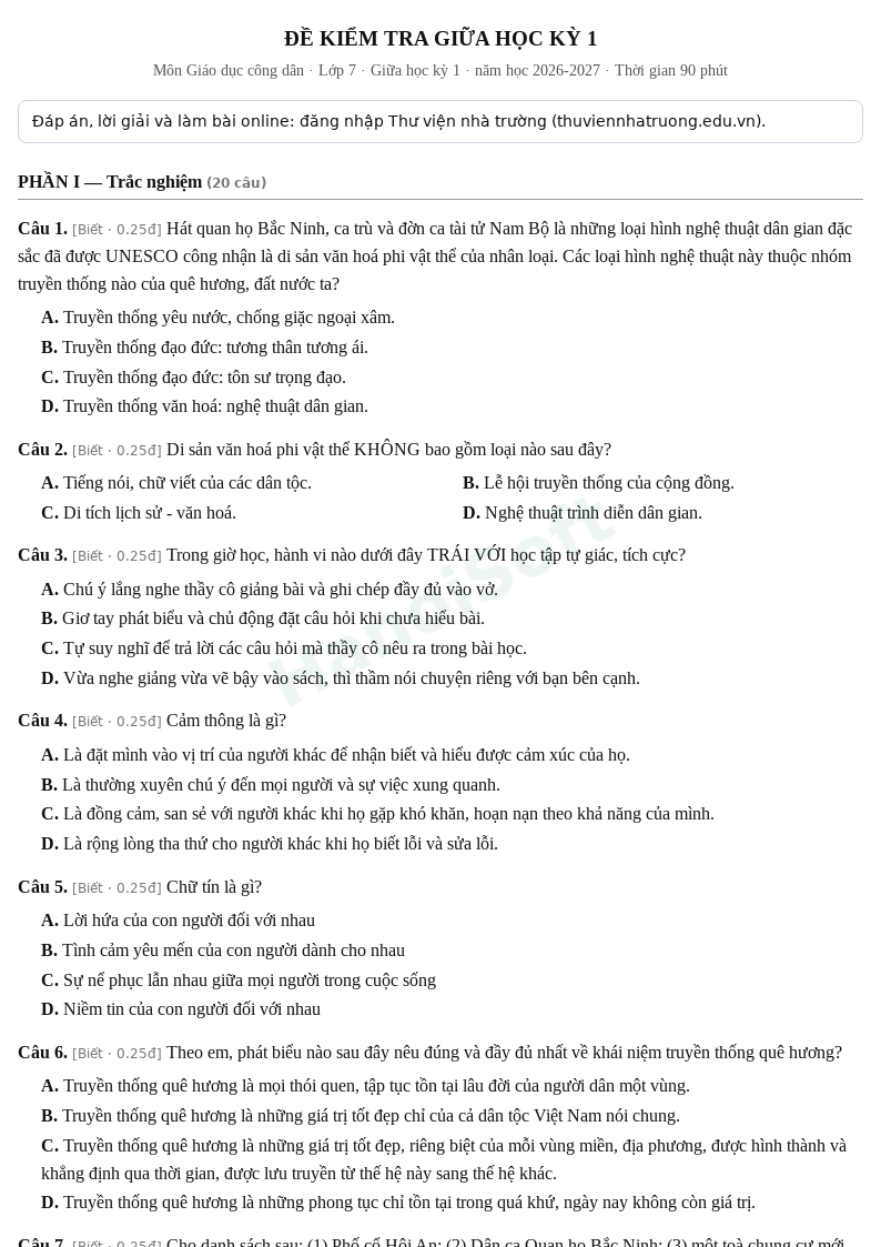 Đề kiểm tra giữa học kỳ 1 Giáo dục công dân lớp 7 – Đề số 2 (có đáp án, làm bài online) – năm học 2026-2027