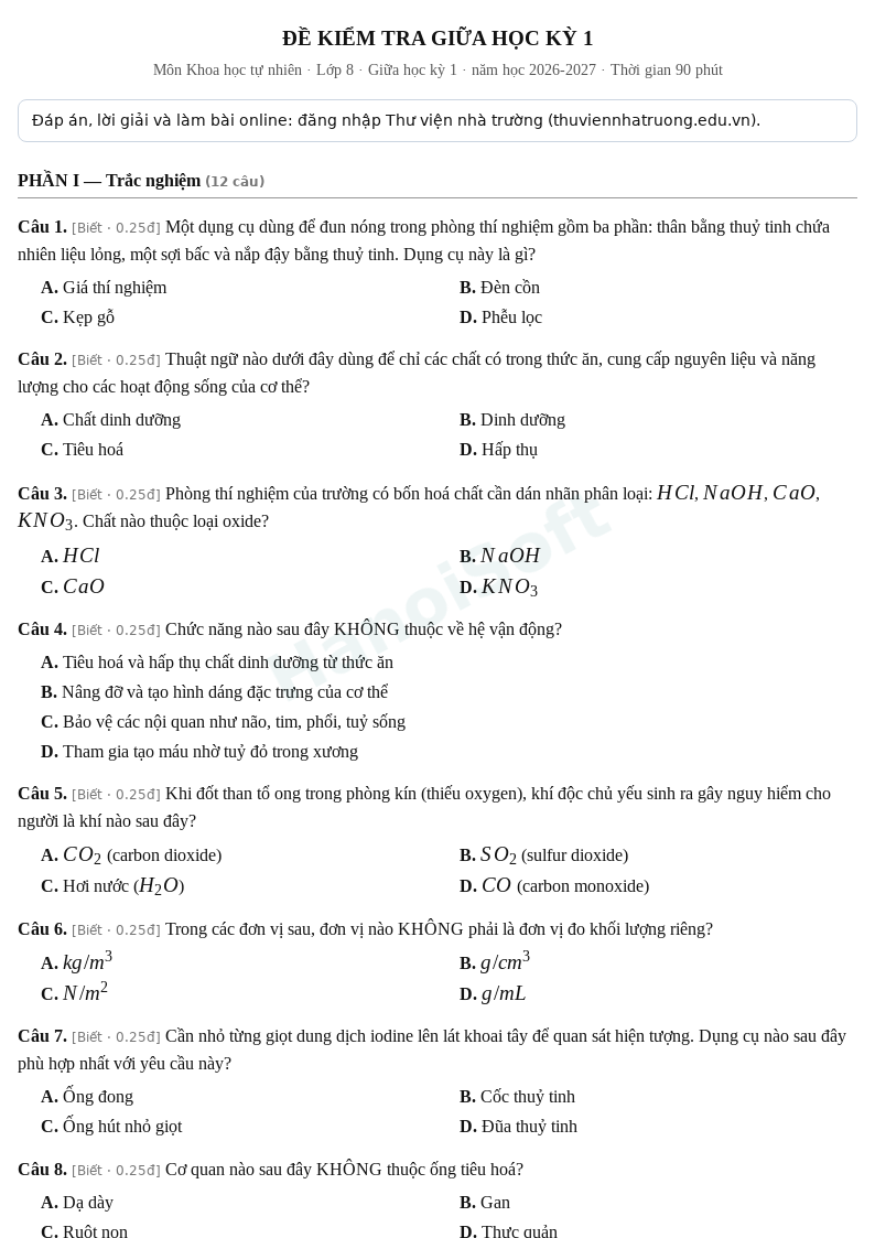 Đề kiểm tra giữa học kỳ 1 Khoa học tự nhiên lớp 8 – Đề số 1 (có đáp án, làm bài online) – năm học 2026-2027
