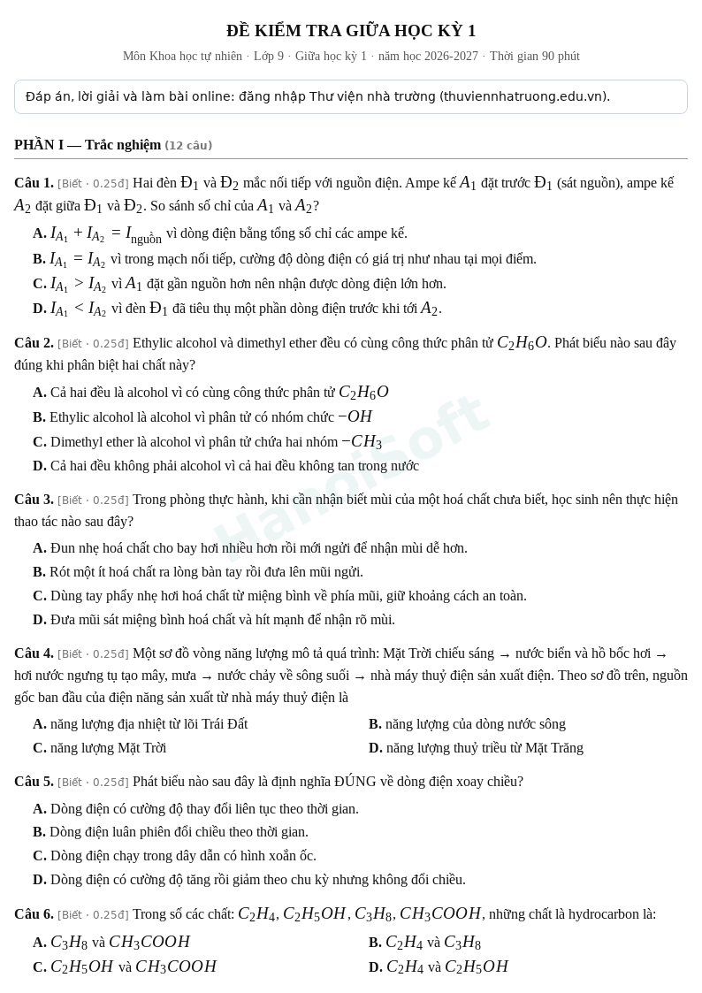 Đề kiểm tra giữa học kỳ 1 Khoa học tự nhiên lớp 9 – Đề số 2 (có đáp án, làm bài online) – năm học 2026-2027