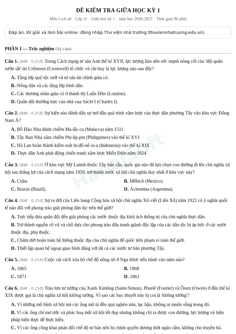 Đề kiểm tra giữa học kỳ 1 Lịch sử lớp 11 – Đề số 1 (có đáp án, làm bài online) – năm học 2026-2027