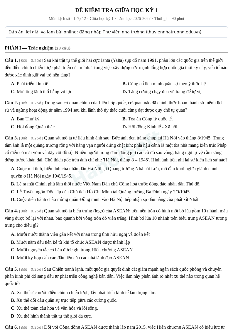 Đề kiểm tra giữa học kỳ 1 Lịch sử lớp 12 – Đề số 2 (có đáp án, làm bài online) – năm học 2026-2027