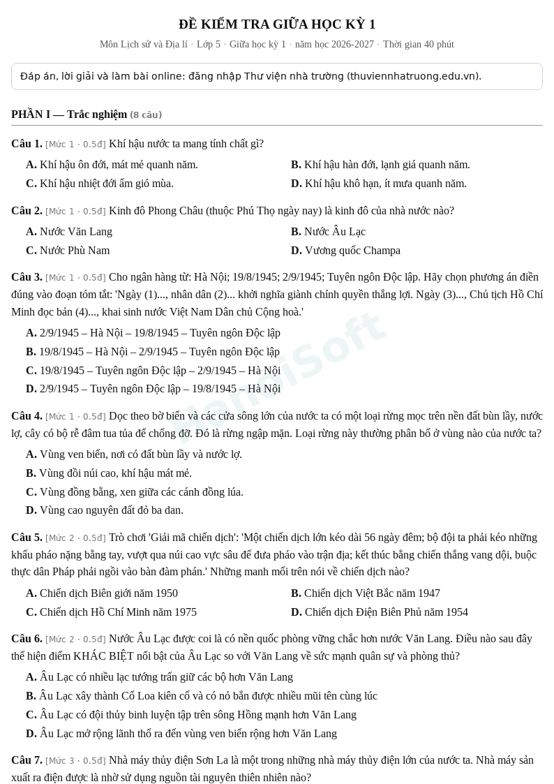 Đề kiểm tra giữa học kỳ 1 Lịch sử và Địa lí lớp 5 – Đề số 1 (có đáp án, làm bài online) – năm học 2026-2027