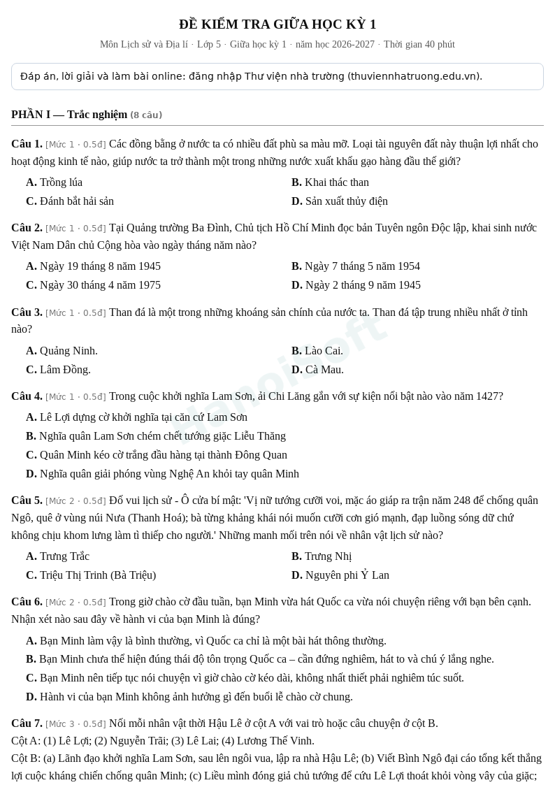 Đề kiểm tra giữa học kỳ 1 Lịch sử và Địa lí lớp 5 – Đề số 3 (có đáp án, làm bài online) – năm học 2026-2027